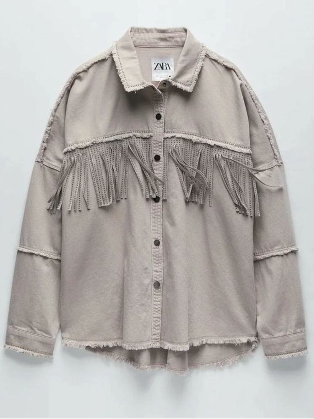 Zara Taupe Rhinestone Fringed Denim Overshirt Jacket Sz Small